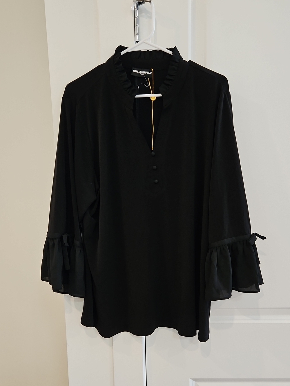 Karl Lagerfeld Black Ruffle-Trim Button Front Blouse